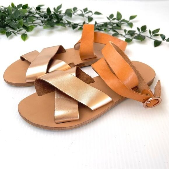 KYMA PATMOS CROSS ANKLE STRAP FLAT SANDAL GOLD/TAN LEATHER 7 - Picture 3 of 11